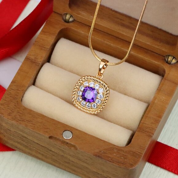 "Elegant Purple Square Pendant with Sparkling Border in Gold Finish, XPPT1658 - Picture 5 of 13